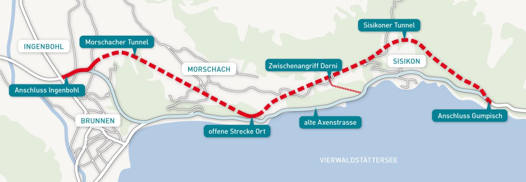 Übersicht über das Gesamtprojekt «A4 Neue Axenstrasse» inklusive «Sisikoner Tunnel» (rechts). (Bild: ©axen.ch)