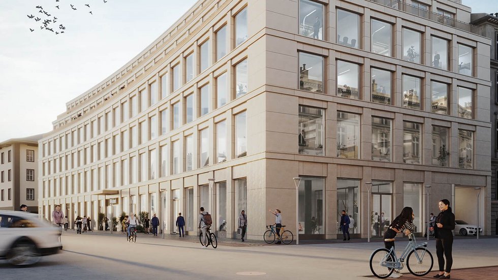 Visualisierung eines nachhaltigen Geschäftshauses in der Innenstadt von Karlsruhe